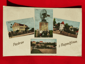 Pozdrav z Ruprechtova, okénková pohlednice, koláž, mlýn, škola, kaple, okres Vyškov (pohled)