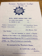 Tyssen Amherst Lodge. No. 2242 ORIGINAL DOCUMENT!