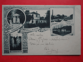 Mšené - Mscheno, okres Litoměřice, koláž, cukrovar, lázně, zřícenina, kyselka (pohled)
