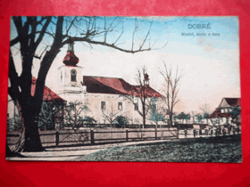 Dobré - Wohlau, okres Rychnov nad Kněžnou, kostel, škola, fara (pohled)