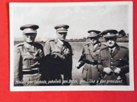 Vojenská tématika:Ministr gen. Svoboda, gen. Boček, gen. Liška a prezident (pohled)