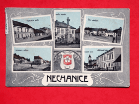 Nechanice - Nechanitz, okres Hradec Králové, Račany, náměstí, škola, vícezáběrů, koláž (pohled)
