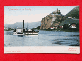 Ústí nad Labem - Aussig an der Elbe, řeka, loď, hrad Střekov NEOBJEDNÁVEJTE! NABÍDNĚTE ... (pohled)