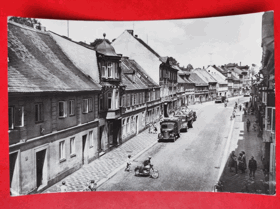 Mimoň - Mírová ulice, okres Česká Lípa, motocykl, nákladní auto (pohled)
