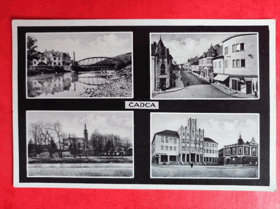 Čadca, okénková pohlednice, most, řeka, kostel (pohled)